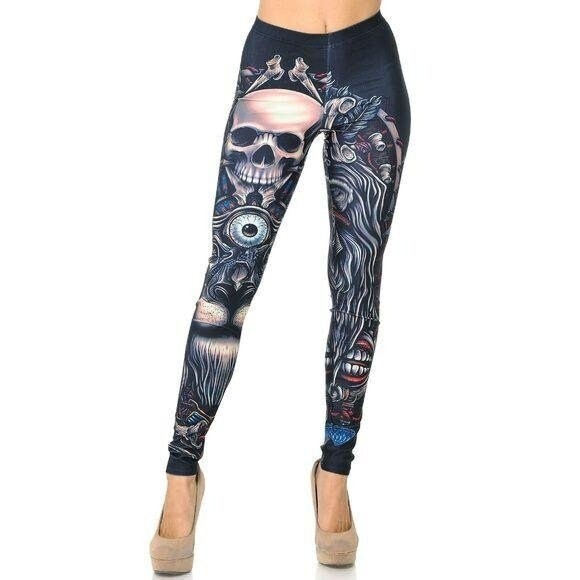 Reg one Size Halloween Ugly Skull Leggings Black - Picture 2 of 10